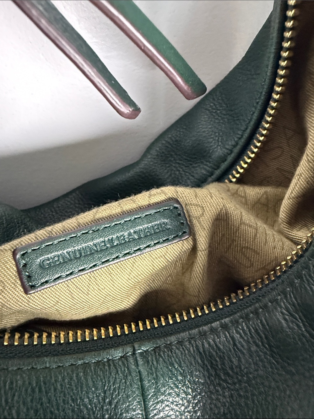 Isaac Mizrahi Dark Green Leather Messenger Bag with Brown Trim - Picture 3 of 9